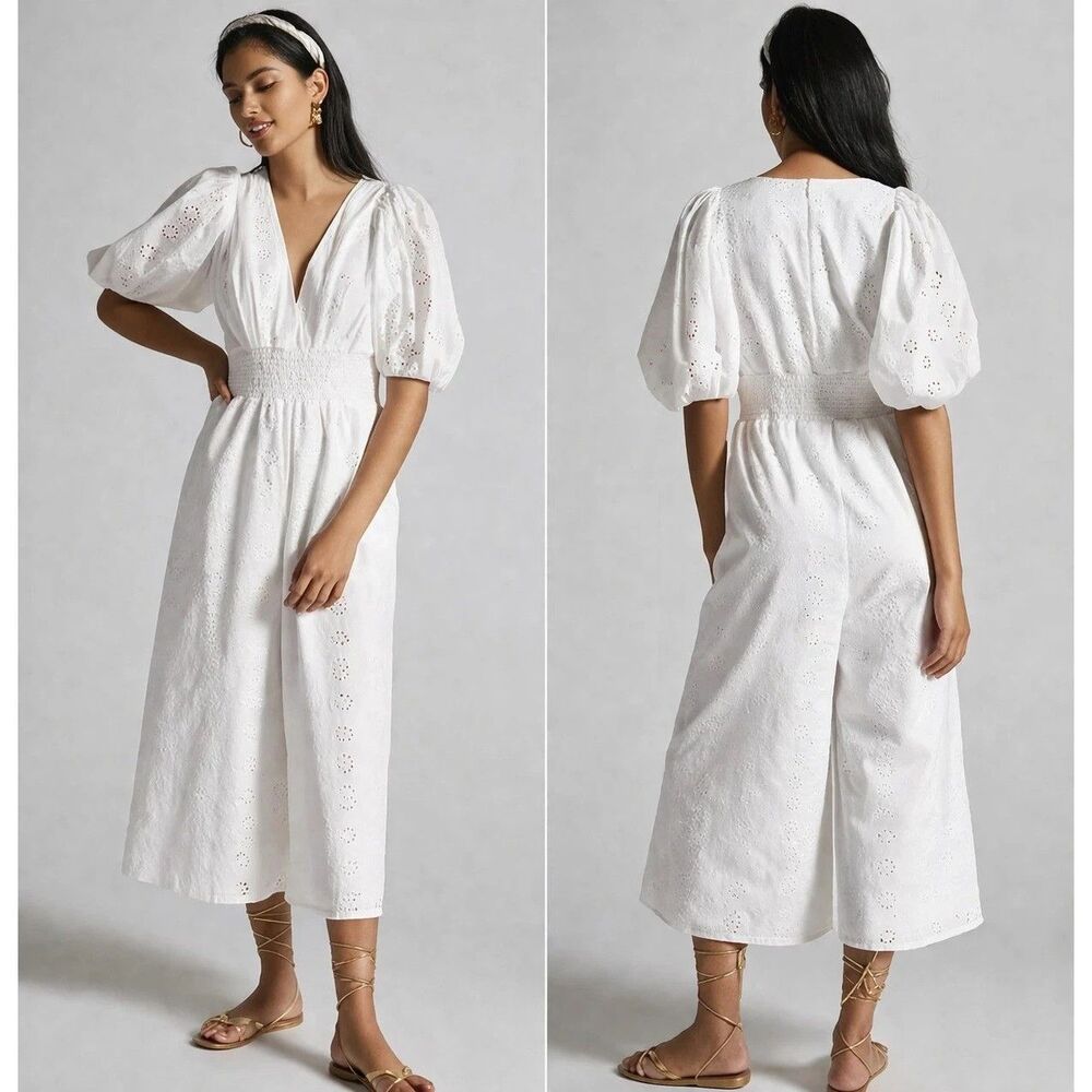 Hutch Anthropologie White Smocked Eyelet Jumpsuit Coastal Cowgirl Sz M NWT $198